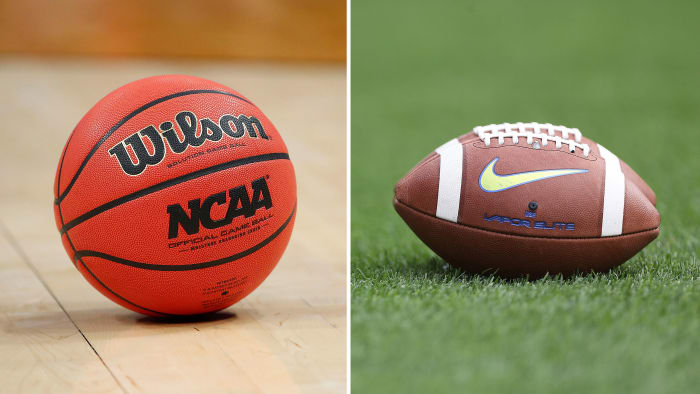 NCAA basketball and football sit on ground